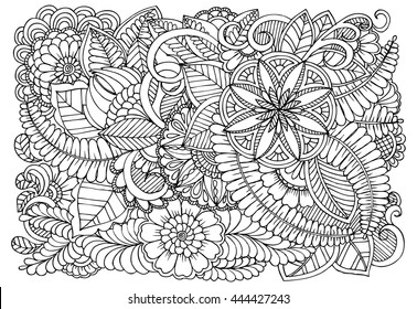 Black and white floral doodles. Hand drawing flowers. Page adult  coloring book
