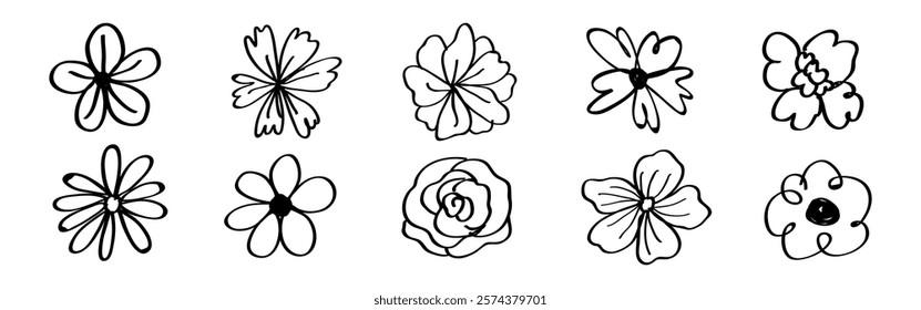 Black and white floral doodles. Simple flower sketches. Hand-drawn flower designs. Variety of flower doodles. Artistic flower illustrations. Cute hand drawn floral elements, vector set.