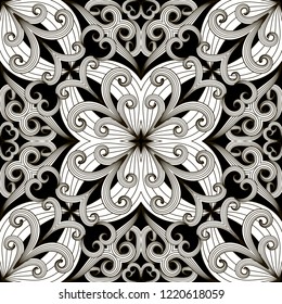 Black and white floral elegance vector seamless pattern. Monochrome ornamental distressed background. Repeat decorative patterned backdrop. Coloring book. Abstract swirl ethnic style Paisley flowers