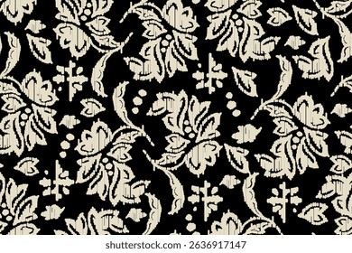 Black and white floral fabric pattern. Elegant monochrome flower design textile. Intricate white floral pattern on black background. Decorative flower motif on dark cloth. design for texture,fabric.