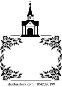 Black and white floral frame with abstract christian temple. Copy space.  Background for banners, labels, prints, posters, greeting cards, pages. Vector clip art