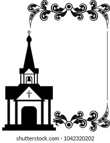 Black and white floral frame with abstract christian temple. Copy space.  Background for banners, labels, prints, posters, greeting cards, pages. Vector clip art