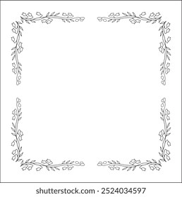 Black and white floral frame with bluebell flowers, bluebells decorative corners for greeting cards, banners, business cards, invitations, menus. Isolated vector illustration.	
