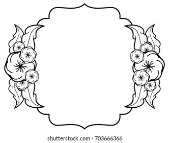 Black and white floral frame. Copy space. Design element for your artwork. Vector clip art.