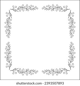 Black and white floral frame with heart shaped flowers, decorative corners for greeting cards, banners, business cards, invitations, menus. Isolated vector illustration.