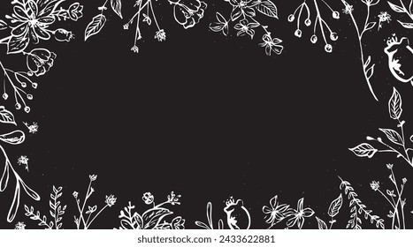 Black and white floral frame with herbs and wild flowers. Doodle design. Vector illustration