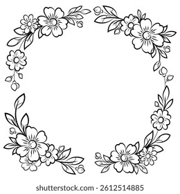 Black and white floral frame illustration with hand drawn flowers and leaves in a circular border, ideal for wedding invitations, coloring books, greeting cards, decorative designs.Vector illustration