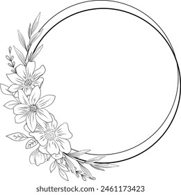 Marco floral blanco y negro con peonías. Corona de flores de arte. Peonía botánica dibujada a mano de la flor del verano en boceto. Ilustración vectorial botánica decorativa aislada en blanco.