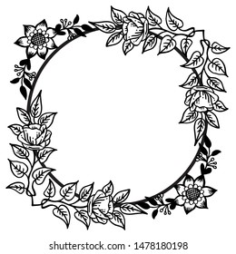 Black and white floral frame with space for text, for beautiful greeting card or invitation template. Vector