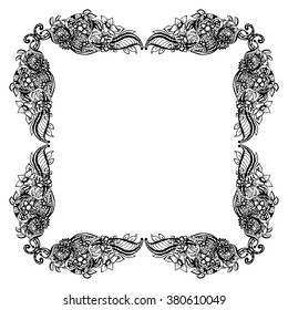 Black and white floral frame square shape, abstract art, doodle sketch. Design for card, photo frame. Vintage border elements. Vector illustration.