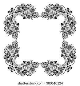 Black and white floral frame square shape, abstract art, doodle sketch. Design for card, photo frame. Vintage border elements. Vector illustration.