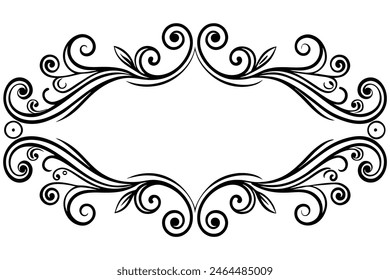 Black and white floral frame with swirls and leaves on white background