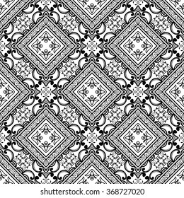 Black and white floral geometric background seamless pattern, repeating monochrome texture. Tribal ethnic ornament, vector illustration.