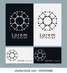 Black and white floral geometric element for logo, icon, label or invitation design. Business cards set. Simple shape, round circular ornament collection, stylized flower.