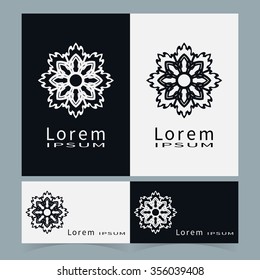 Black and white floral geometric element for logo, icon, label or invitation design. Business cards set. Simple shape, round circular ornament collection, stylized flower.