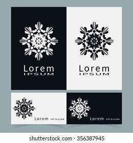 Black and white floral geometric element for logo, icon, label or invitation design. Business cards set. Simple shape, round circular ornament collection, stylized flower.