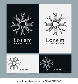 Black and white floral geometric element for logo, icon, label or invitation design. Business cards set. Simple shape, round circular ornament collection, stylized flower.