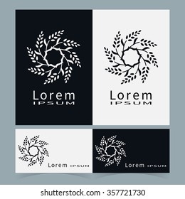 Black and white floral geometric element for logo, icon, label or invitation design. Business cards set. Simple shape, round circular ornament collection, stylized flower.