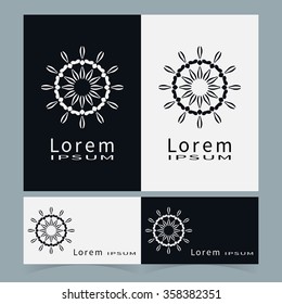 Black and white floral geometric element for logo, icon, label or invitation design. Business cards set. Simple shape, round circular ornament collection, stylized flower.