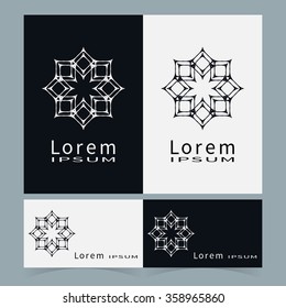 Black and white floral geometric element for logo, icon, label or invitation design. Business cards set. Simple shape, round circular ornament collection, stylized flower.