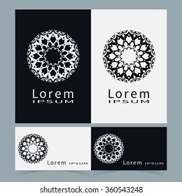 Black and white floral geometric element for logo, icon, label or invitation design. Business cards set. Simple shape, round circular ornament collection, stylized flower.