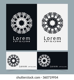 Black and white floral geometric element for logo, icon, label or invitation design. Business cards set. Simple shape, round circular ornament collection, stylized flower.