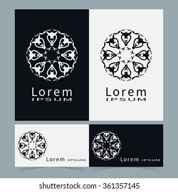 Black and white floral geometric element for logo, icon, label or invitation design. Business cards set. Simple shape, round circular ornament collection, stylized flower.