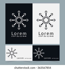 Black and white floral geometric element for logo, icon, label or invitation design. Business cards set. Simple shape, round circular ornament collection, stylized flower.