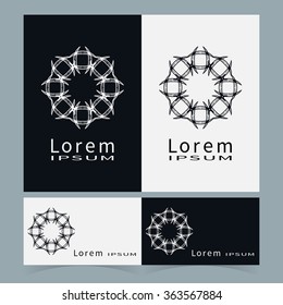 Black and white floral geometric element for logo, icon, label or invitation design. Business cards set. Simple shape, round circular ornament collection, stylized flower.