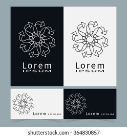 Black and white floral geometric element for logo, icon, label or invitation design. Business cards set. Simple shape, round circular ornament collection, stylized flower, arrows