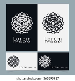 Black and white floral geometric element for logo, icon, label or invitation design. Business cards set. Simple shape, round circular ornament collection, stylized flower.