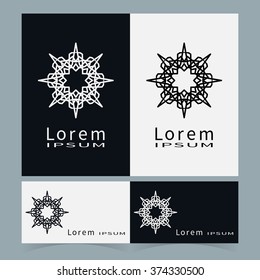 Black and white floral geometric element for logo, icon, label or invitation design. Business cards set. Simple shape, round circular ornament collection, stylized flower.