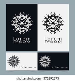 Black and white floral geometric element for logo, icon, label or invitation design. Business cards set. Simple shape, round circular ornament collection, stylized flower.