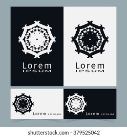 Black and white floral geometric element for logo, icon, label or invitation design. Business cards set. Simple shape, round circular ornament collection, stylized flower.
