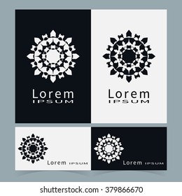 Black and white floral geometric element for logo, icon, label or invitation design. Business cards set. Simple shape, round circular ornament collection, stylized flower.