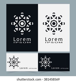 Black and white floral geometric element for logo, icon, label or invitation design. Business cards set. Simple shape, round circular ornament collection, stylized flower.