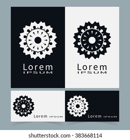 Black and white floral geometric element for logo, icon, label or invitation design. Business cards set. Simple shape, round circular ornament collection, stylized flower.