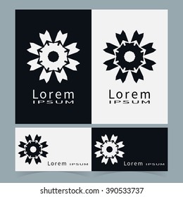 Black and white floral geometric element for logo, icon, label or invitation design. Business cards set. Simple shape, round circular ornament collection, stylized flower.