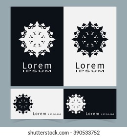 Black and white floral geometric element for logo, icon, label or invitation design. Business cards set. Simple shape, round circular ornament collection, stylized flower.