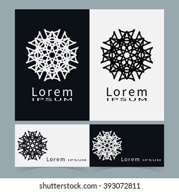 Black and white floral geometric element for logo, icon, label or invitation design. Business cards set. Simple shape, round circular ornament collection, stylized flower.