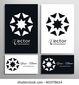 Black and white floral geometric element for logo, icon, label or invitation design. Business cards set. Simple shape, round circular ornament collection, stylized flower.