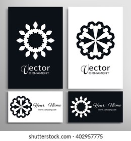 Black and white floral geometric element for logo, icon, label or invitation design. Business cards set. Simple shape, round circular ornament collection, stylized flower.