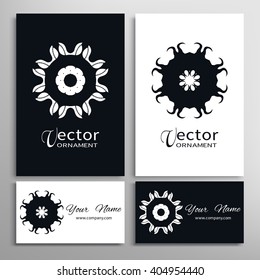 Black and white floral geometric element for logo, icon, label or invitation design. Business cards set. Simple shape, round circular ornament collection, stylized flower.