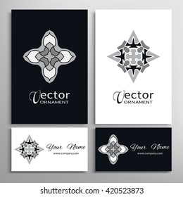 Black and white floral geometric elements and business cards set. Vector geometric shapes for logo, icon, label or invitation cards. Isolated design element, stylized flower, star, snowflake or sun