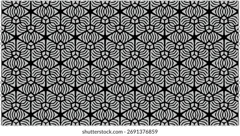 Padrão geométrico floral preto e branco com motivos pétalas arredondados formando uma textura perfeita e elegante.