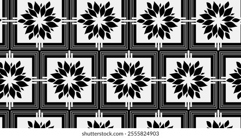 black and white floral geometric seamless pattern with bold shapes and elegant symmetry, perfect for backgrounds, wallpapers, textiles, and modern decor