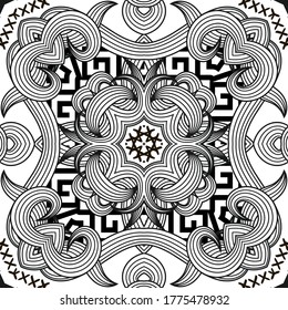 Black and white floral greek seamless pattern. Hand drawn lines flowers, leaves, shapes, swirls, stripes, crosses. Greek key meander ornament. Isolated design on white. Line art ornamental background.