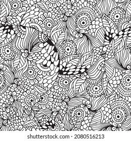 Black and white floral hand drawn vector seamless pattern with doodle textures. Abstract seamless background with ethnic floral lace