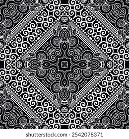 Black and white floral hand drawn line art seamless pattern with dots, swirls, frame, border, abstract flowers, leaves, greek key meander. Vector background. Ethnic lacy ornaments. Endless texture.