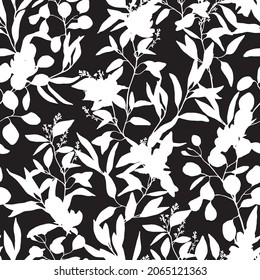 Black and white floral illustration and repeat mix flowers, leaves, branches pattern design for fashion, interior, different backgrounds. 